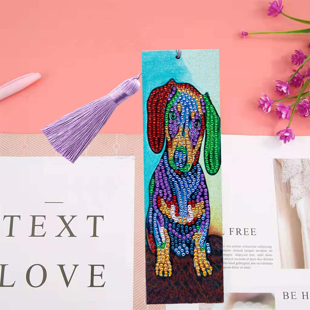 DIY Color Dog Special Shaped Diamond Painting Leather Bookmark Tassel