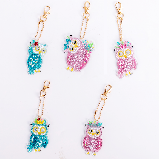 One-sided sticker special diamond painted keychain key ring-Owl