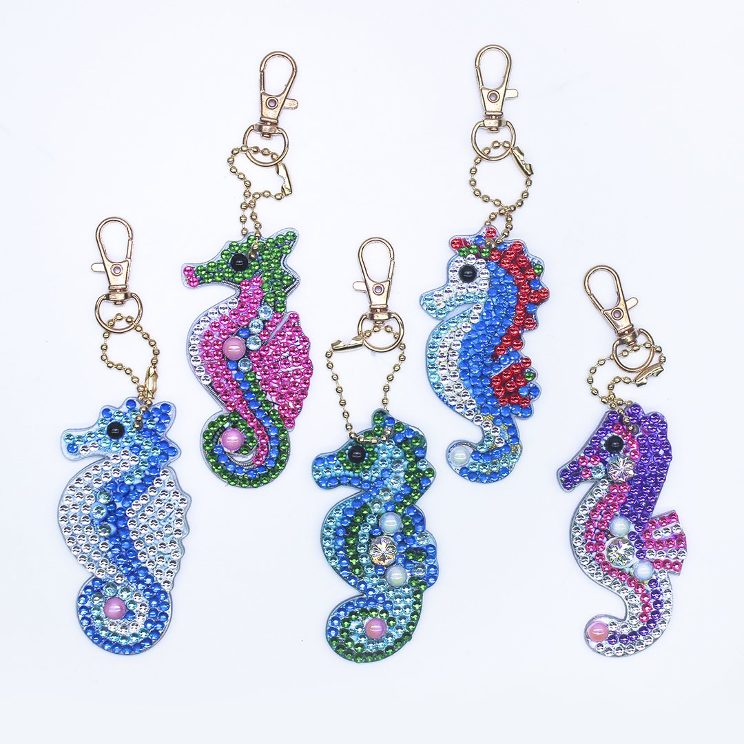 Double-sided stickers special diamond painted keychain key ring-Hippocampus